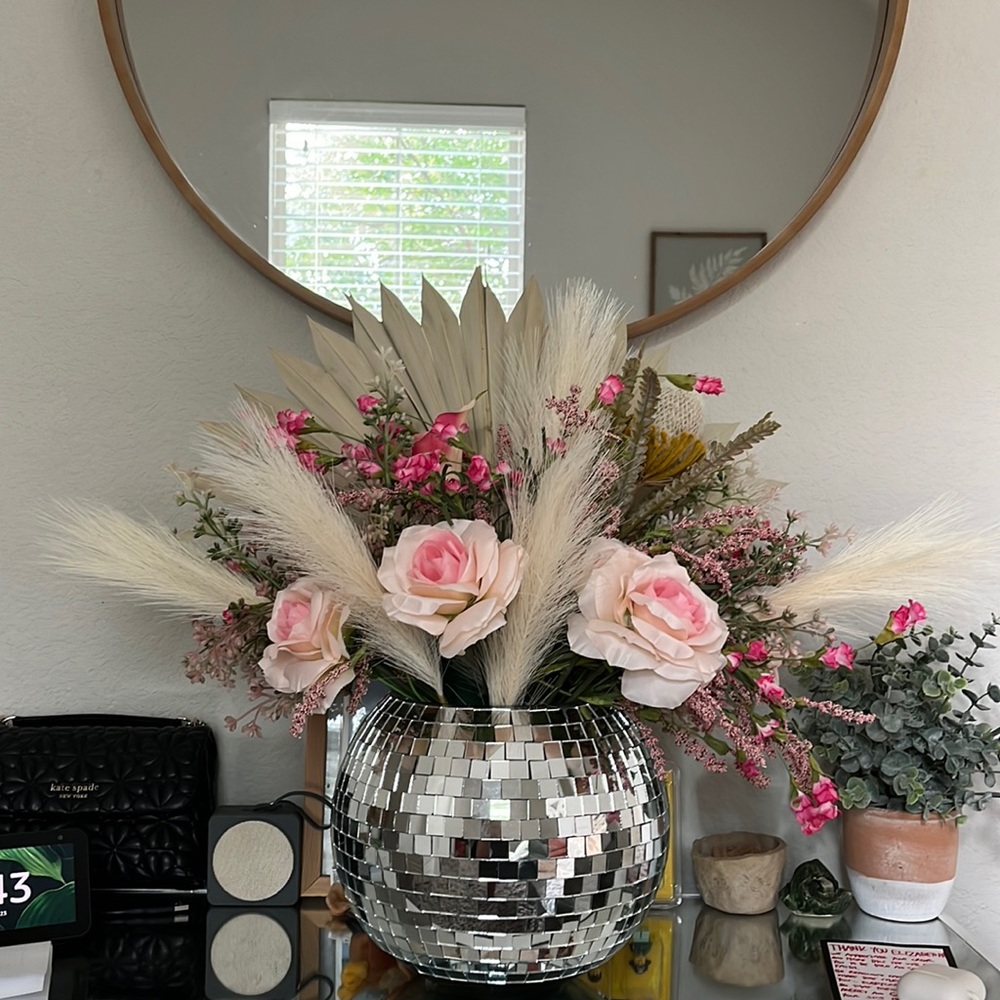 Hand made Disco pall planter center piece with floral arrangement.